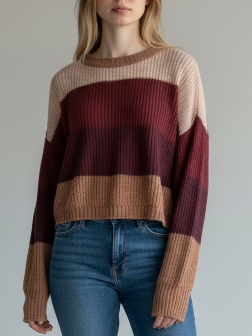 Others Follow Colorblock Striped Loose OpenKnit Sweater Rust Boho Crewneck Small